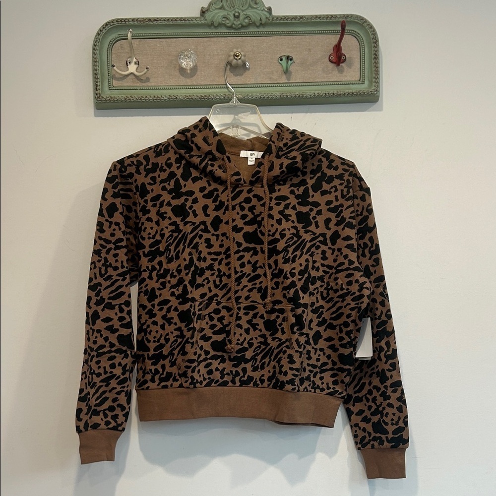 bp Brown and Black Leopard Print Cropped Hoodie Sweatshirt medium new